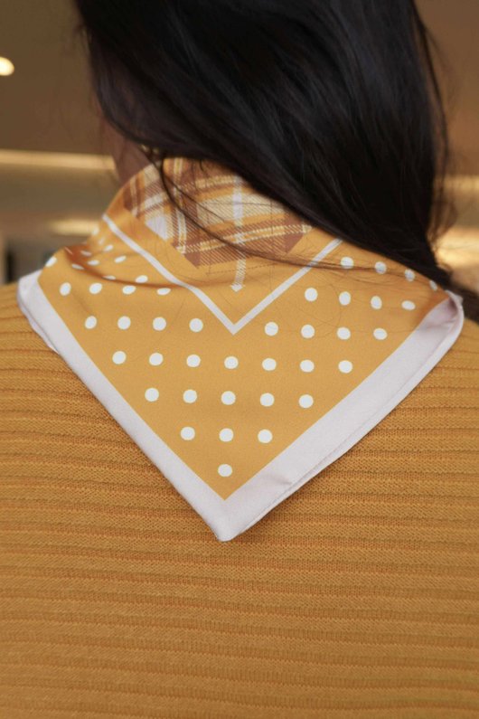 Plaid & Polka Border Triangle Silk Neckerchief Dijon